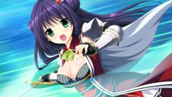 Rule 34 | 1girl, blush, breasts, cape, cleavage, double bun, female focus, fighting stance, game cg, green eyes, hair bun, kishi&times;kano, large breasts, long hair, looking at viewer, minami nonoka, minatsuki alumi, open mouth, purple hair, serious, shoulder pads, simple background, solo, standing, sword, weapon