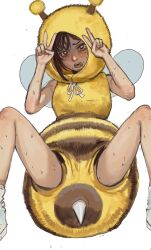Rule 34 | 1girl, arthropod girl, bee, bee costume, bee girl, bee wings, brown eyes, brown hair, bug, chainsaw man, double v, fake antennae, fake wings, hair ornament, hairclip, higashiyama kobeni, highres, insect, insect girl, insect wings, looking at viewer, mossacannibalis, nervous sweating, pun, sitting, solo, spread legs, stinger, sweat, tongue, tongue out, v, white background, wings