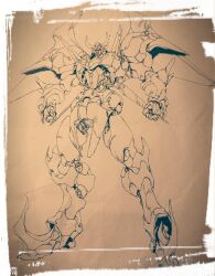 Rule 34 | border, brown theme, clenched hands, full body, gaiflame, god smasher (gaiflame), highres, lineart, looking up, mecha, monochrome, no humans, official art, oobari masami, production art, robot, science fiction, super robot, white border