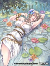 Rule 34 | 1girl, bare shoulders, blonde hair, blue eyes, bracelet, breasts, cleavage, copyright name, curly hair, dress, flower, force of will, full body, hair flower, hair ornament, jewelry, kamijororo, leaf, lily (flower), lily pad, long hair, official art, open mouth, solo, teeth, water