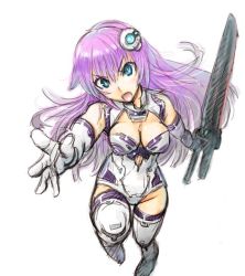 Rule 34 | 1girl, amania orz, angry, blue eyes, blush, breasts, choujigen game neptune, cleavage, elbow gloves, fighting stance, full body, gloves, hair ornament, long hair, looking at viewer, medium breasts, nepgear, neptune (series), open mouth, pink hair, purple sister, simple background, sword, weapon, white background