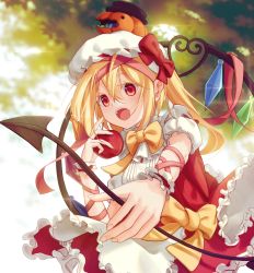 Rule 34 | absurdres, adapted costume, flandre scarlet, foreshortening, hair between eyes, hat, highres, jack-o&#039;-lantern, lazy cat, mob cap, solo, tagme, touhou