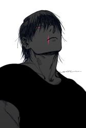 Rule 34 | 1boy, artist name, black hair, black shirt, closed mouth, fushiguro touji, highres, jujutsu kaisen, looking at viewer, male focus, monochrome, muscular, muscular male, natsu (rodysanp), pink eyes, scar, scar on face, scar on mouth, shirt, short hair, short sleeves, signature, simple background, solo, spot color, upper body, white background
