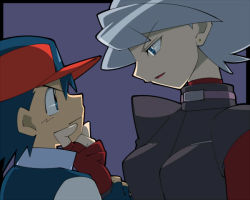 Rule 34 | 1boy, 1girl, age difference, amada, angry, arm grab, ash ketchum, baseball cap, blue eyes, blue hair, border, breasts, child, coat, couple, creatures (company), earrings, eye contact, fingerless gloves, game freak, gloves, grabbing another&#039;s chin, grey hair, hair between eyes, hand on another&#039;s chin, hat, hunter j, j (pokemon), jewelry, large breasts, lipstick, looking at another, looking down, makeup, mature female, naughty face, nintendo, pokemon, pokemon (anime), pokemon dppt (anime), profile, red lips, short hair, simple background, smile, strap, trench coat, turtleneck, upper body, vest