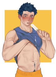 Rule 34 | 1boy, abs, as (as21 00), bara, blue hair, blue tank top, blush, clothes lift, cowboy shot, facial hair, food, hand under clothes, highres, holding, holding food, holding ice cream, hot, ice cream, ice cream trail, lifting own clothes, looking at viewer, male focus, melting, navel, nipple slip, nipples, open mouth, original, pectorals, shirt lift, short hair, sideburns stubble, sidepec, solo, stomach, stubble, tank top, thick eyebrows, thick navel hair, tongue, tongue out, underpec
