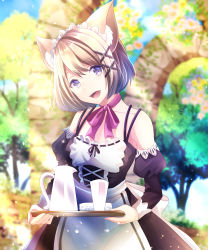 Rule 34 | 1girl, :d, absurdres, animal ear fluff, animal ears, black dress, blonde hair, blurry, blurry background, bow, bowtie, character request, cowboy shot, dress, hair between eyes, hair ornament, highres, holding, holding tray, looking at viewer, maid, maid headdress, off shoulder, open mouth, pink bow, pink bowtie, purple eyes, short hair, smile, solo, standing, teeth, tray, upper teeth only, virtual youtuber, white dress, x hair ornament, yuugi roki