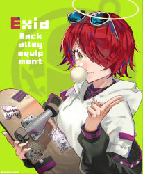 Rule 34 | 1girl, absurdres, alternate costume, arknights, bad id, bad pixiv id, blowing bubbles, casual, commentary request, drawstring, exusiai (arknights), eyewear on head, film grain, green background, hair over one eye, halo, hand up, highres, holding, hood, hoodie, huge filesize, long sleeves, looking at viewer, partial commentary, red hair, short hair, skateboard, smile, solo, sunglasses, upper body, white hoodie, yo-ba yo