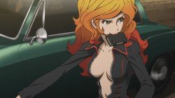 Rule 34 | 1girl, animated, animated gif, bouncing breasts, breasts, car, cleavage, gradient hair, large breasts, long hair, looking away, looking back, lowres, lupin iii, makeup, mine fujiko, motor vehicle, multicolored hair, no bra, skin tight, smile, solo