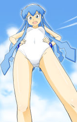 Rule 34 | 1girl, :d, blue eyes, blue hair, breasts, covered navel, day, flat chest, foreshortening, from below, hands on own hips, hat, highres, ikamusume, long hair, looking at viewer, looking down, matching hair/eyes, one-piece swimsuit, open mouth, sat-c, shinryaku! ikamusume, sky, small breasts, smile, solo, swimsuit, tentacle hair, tentacles, white one-piece swimsuit