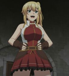 Rule 34 | 1girl, absurdres, blonde hair, breasts, emma brightness, fingerless gloves, gloves, green eyes, half-closed eyes, hands on own hips, highres, large breasts, legs, looking at viewer, medium hair, open mouth, ore dake haireru kakushi dungeon, side ponytail, skirt, smile, solo, stitched, thighs, third-party edit