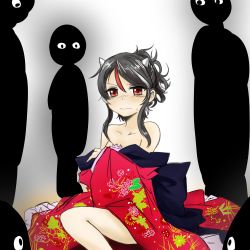 Rule 34 | 1girl, alternate costume, alternate hairstyle, bare shoulders, black hair, blush, closed mouth, collarbone, commentary request, efukei, floral print, folded ponytail, grey horns, highres, horns, japanese clothes, kijin seija, kimono, long sleeves, looking at another, looking at viewer, multicolored hair, nose blush, off shoulder, print kimono, red eyes, red kimono, sidelocks, silhouette, sitting, solo focus, streaked hair, sweat, tears, touhou