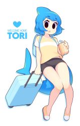 Rule 34 | 1girl, :o, backpack, bag, bare legs, bike shorts, black eyes, blue hair, cetacean tail, commentary, dorsal fin, english commentary, english text, fang, fins, fish tail, fizintine, full body, heart, highres, juice box, looking at viewer, no pupils, original, rolling suitcase, shirt, short hair, short sleeves, simple background, skin fang, solo, suitcase, tail, thigh gap, white background, yellow shirt