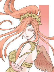 Rule 34 | 1girl, azeyma, bandeau, circlet, commentary request, earrings, feather trim, feathered wings, final fantasy, final fantasy xiv, floating hair, from side, hair over one eye, head wreath, highres, jewelry, laurel crown, long bangs, long hair, looking at viewer, orange eyes, orange hair, orange wings, ponytail, saku ff11, simple background, single earring, smile, solo, two-tone background, upper body, white background, wing ornament, wings