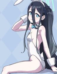 Rule 34 | 1girl, absurdly long hair, animal ears, aqua halo, aris (blue archive), bare legs, blue archive, blue bow, blue bowtie, blue eyes, blue hair, bow, bowtie, breasts, checkered background, dark blue hair, detached collar, fake animal ears, hair between eyes, halo, highres, leotard, long hair, long hair between eyes, looking at viewer, playboy bunny, rabbit ears, rabbit tail, rectangular halo, sitting, small breasts, smile, solo, strapless, strapless leotard, tail, tamaya, two side up, very long hair, white leotard, wrist cuffs
