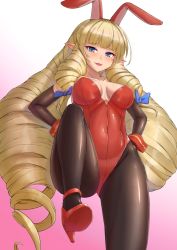 Rule 34 | 1girl, animal ears, black pantyhose, blonde hair, blue bow, blue eyes, blush, bow, breasts, collarbone, commission, covered navel, cream cod, drill hair, eyelashes, fake animal ears, from below, gradient background, high heels, highres, leotard, lipstick, long hair, looking at viewer, looking down, makeup, mixed-language commentary, open mouth, original, pantyhose, playboy bunny, pointy ears, rabbit ears, rabbit girl, red footwear, red leotard, red lips, smile, solo, tongue, very long hair, wrist cuffs