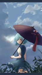 Rule 34 | 1girl, blue eyes, blue hair, blue skirt, blue sky, blue vest, blurry, blurry foreground, cloud, cloudy sky, commentary request, cowboy shot, day, grass, heterochromia, high collar, holding, holding umbrella, karakasa obake, letterboxed, looking at viewer, looking back, outdoors, raki (for03ge), red eyes, shirt, short hair, sketch, skirt, sky, smile, solo, standing, tatara kogasa, touhou, umbrella, vest, white shirt, wind, wind lift