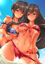 Rule 34 | 10s, 2girls, 3:, aata1007, akagi (kancolle), arm grab, assisted exposure, bikini, bikini pull, blue bikini, breasts, brown hair, clothes pull, colored stripes, day, flag print, front-tie top, hand on another&#039;s shoulder, highres, kaga (kancolle), kantai collection, large breasts, long hair, multiple girls, navel, print bikini, pulling another&#039;s clothes, red bikini, rising sun flag, short hair, side-tie bikini bottom, side ponytail, striped bikini, striped clothes, sunburst, swimsuit, tan, tanline, thigh gap, underboob, untying, wet, wide hips, yuri