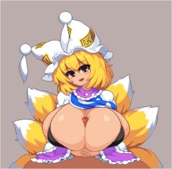 Rule 34 | 1boy, 1girl, animal hat, bikini, blonde hair, blush, breasts, breasts out, clothed paizuri, commentary request, fox tail, hat, hetero, huge breasts, interlocked fingers, medium hair, mob cap, multiple tails, namako daibakuhatsu, open clothes, open mouth, orange eyes, paizuri, paizuri under clothes, penis, pixel art, pov, shirt, solo focus, swimsuit, tabard, tail, tassel, touhou, uncensored, white shirt, wide sleeves, yakumo ran