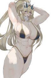 Rule 34 | 1girl, abs, armpits, arms behind head, arms up, bare shoulders, barghest (fate), barghest (ice warrior) (fate), biceps, bikini, black bikini, blonde hair, blue eyes, blush, breasts, cleavage, fate/grand order, fate (series), hair ornament, hair scrunchie, heterochromia, high ponytail, highleg, highleg bikini, highres, horns, large breasts, long hair, looking at viewer, memory342, muscular, muscular female, navel, open mouth, red eyes, scarf, scrunchie, sidelocks, small head, solo, swimsuit, thick thighs, thighs, white background, white scarf