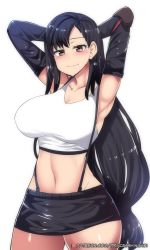 Rule 34 | 1girl, armpits, arms behind head, arms up, black hair, black skirt, blush, breasts, brown eyes, closed mouth, collarbone, elbow gloves, elbow pads, final fantasy, final fantasy vii, gloves, highres, hinghoi, large breasts, long hair, looking at viewer, low-tied long hair, midriff, miniskirt, navel, pencil skirt, simple background, skirt, smile, solo, suspender skirt, suspenders, tank top, tifa lockhart, very long hair, white background