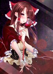 Rule 34 | 1girl, alcohol, alternate costume, bad id, bad pixiv id, blush, bracelet, broken glass, brown hair, capelet, corset, cup, drinking glass, glass, hair ribbon, hair tubes, hakurei reimu, highres, jewelry, long hair, looking at viewer, off shoulder, red eyes, ribbon, shanghai bisu, shirt, skirt, solo, sparkle, touhou, wine, wine glass