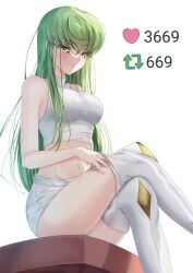Rule 34 | 1girl, absurdres, bare arms, blush, breasts, budgiepon, c.c., code geass, commentary, crop top, crossed bangs, crossed legs, curvy, english commentary, eyes visible through hair, feet out of frame, from side, green hair, hair between eyes, heart, highres, lips, long hair, looking at viewer, medium breasts, meme, navel, parted lips, shirt, shorts, shy, sidelocks, simple background, sitting, solo, stomach, straight hair, thighhighs, thighs, twitter strip game (meme), undressing, very long hair, white background, white shirt, white shorts, white thighhighs, yellow eyes