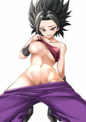 Rule 34 | 10s, 1girl, artist request, bandeau, bandeau lift, black eyes, black hair, breasts, caulifla, clothes pull, dragon ball, dragon ball super, female focus, female pubic hair, groin, kaorihero, kneeling, large breasts, navel, nipples, no bra, one breast out, pants, pants pull, pubic hair, puffy areolae, puffy nipples, shiny skin, simple background, smile, solo, spiked hair, spread legs, stomach, white background, wristband