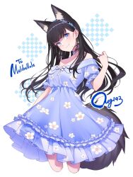 Rule 34 | 1girl, ahoge, animal ears, arm at side, bare shoulders, black hair, blue dress, blue eyes, breasts, character name, chimachi, choker, closed mouth, commission, cropped legs, dress, floral print, frilled dress, frills, hairband, hand up, highres, indie virtual youtuber, long hair, looking at viewer, medium breasts, melibellule (vtuber), mole, mole under eye, off-shoulder dress, off shoulder, see-through, see-through dress, short sleeves, skeb commission, solo, tail, virtual youtuber, white background
