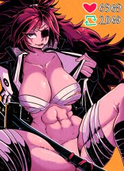 Rule 34 | 1girl, abs, absurdres, baiken, big hair, black jacket, black kimono, breasts, chest sarashi, commission, covered erect nipples, eyepatch, facial tattoo, guilty gear, guilty gear strive, highres, jacket, jacket on shoulders, japanese clothes, katana, kimono, large breasts, like and retweet, long hair, long sleeves, looking at viewer, meme, muscular, muscular female, navel, one-eyed, open clothes, open kimono, pink hair, ponytail, red eyes, samurai, sarashi, scar, scar across eye, smile, sword, tattoo, torn sleeve, twitter strip game (meme), vakodraws, weapon