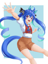Rule 34 | 1girl, ahoge, animal ears, aqua hair, black ribbon, blue background, blue eyes, blue hair, brown shorts, character name, clenched hand, commentary, crossed bangs, gym shirt, gym shorts, gym uniform, hair ribbon, heterochromia, highres, horse ears, horse girl, horse tail, kemuri (etep3372), long hair, looking at viewer, multicolored hair, open mouth, purple eyes, race bib, reaching, reaching towards viewer, ribbon, sharp teeth, shirt, short sleeves, shorts, sidelocks, smile, solo, standing, t-shirt, tail, teeth, translated, twin turbo (umamusume), twintails, two-tone hair, umamusume, very long hair, white shirt