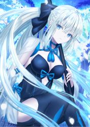 Rule 34 | 1girl, black bow, black dress, black footwear, blue eyes, boots, bow, braid, breasts, cleavage, dress, fate/grand order, fate (series), french braid, grey hair, hair bow, highres, kazama (akki12), large breasts, long hair, long sleeves, looking at viewer, morgan le fay (fate), pelvic curtain, ponytail, sidelocks, solo, staff, thigh boots, thighhighs, thighs, tree, two-tone dress, very long hair, white dress, wide sleeves