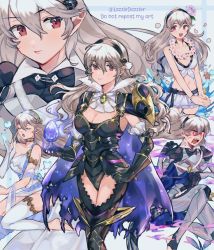 Rule 34 | 1girl, alternate costume, armor, armored leotard, ascot, asymmetrical clothes, aura, barefoot, bikini, bikini skirt, black armor, bracelet, breasts, bug, butterfly, cape, cleavage, corrin (female) (fire emblem), corrin (female) (summer) (fire emblem), corrin (fire emblem), dress, fangs, fire emblem, fire emblem fates, fire emblem heroes, front-tie bikini top, front-tie top, gloves, glowing, glowing eyes, hairband, insect, jewelry, long hair, looking at viewer, multiple persona, nintendo, official alternate costume, pointy ears, pomme (lazzledazzle), red eyes, shoulder armor, single glove, single thighhigh, swimsuit, thighhighs, toeless legwear, torn cape, torn clothes, water