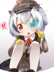 Rule 34 | !, !!, 10s, 1girl, :o, bag, bird tail, commentary request, gloves, grey hair, hat, kemono friends, kemono friends festival, looking at viewer, magnifying glass, makuran, multicolored hair, northern white-faced owl (kemono friends), orange eyes, pantyhose, pantyhose under shorts, short hair, shorts, shoulder bag, simple background, sitting, solo, speech bubble, squatting, tail, white hair, white pantyhose, yellow gloves