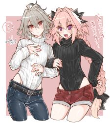 Rule 34 | 2boys, ?, androgynous, astolfo (fate), belt, belt buckle, black belt, black bow, black sweater, blue pants, blush, bow, braid, buckle, cropped legs, denim, denim shorts, fang, fate/apocrypha, fate (series), grey hair, hair between eyes, hair bow, hair intakes, hand on own hip, haoro, jeans, leotard sweater, locked arms, long braid, long hair, long sleeves, male focus, multicolored hair, multiple boys, open mouth, pants, parted lips, pink hair, pink nails, purple eyes, red eyes, red shorts, short eyebrows, short hair, short shorts, shorts, sidelocks, sieg (fate), signature, single braid, skin fang, smile, spoken question mark, streaked hair, sweatdrop, sweater, tongue, trap, two-tone hair, white hair, white sweater