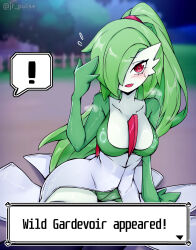 Rule 34 | !, 1girl, absurdres, alternate hairstyle, artist name, black thighhighs, breasts, cleavage, colored skin, commentary, creatures (company), dialogue box, dress, english commentary, english text, fence, flying sweatdrops, furry, furry female, game freak, gameplay mechanics, gardevoir, gen 3 pokemon, green hair, hair over one eye, high ponytail, highres, humanization, jrpulse, large breasts, long hair, looking at viewer, multicolored skin, night, nintendo, on ground, open mouth, outdoors, paid reward available, pokemon, pokemon (creature), ponytail, red eyes, sitting, smile, solo, speech bubble, steaming body, sweatdrop, thighhighs, tree, twitter username, two-tone skin, white dress, white skin, wild pokemon appeared, wooden fence