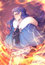 Rule 34 | 1boy, abs, belt, blue hair, bracelet, braid, capelet, commentary, cu chulainn (caster) (fate), cu chulainn (fate), earrings, english commentary, fate/grand order, fate (series), fire, floating hair, fur-trimmed hood, fur trim, grin, holding, holding staff, hood, hood down, hooded capelet, jewelry, long hair, looking at viewer, male focus, multiple earrings, muscular, muscular male, nikainfinity, red eyes, skin tight, smile, solo, staff, wooden staff