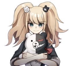 Rule 34 | 1girl, black shirt, blonde hair, blue eyes, breasts, closed mouth, commentary request, danganronpa: trigger happy havoc, danganronpa (series), enoshima junko, hair between eyes, hair ornament, hug, long hair, looking at viewer, mdr (mdrmdr1003), monokuma, shirt, short sleeves, simple background, sleeves rolled up, smile, solo, twintails, upper body, white background