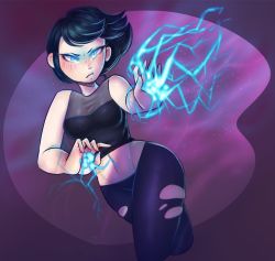 Rule 34 | absurdres, angry, blue eyes, blue hair, blush, breasts, dark blue hair, dearcottoncandy, energy, glowing, glowing eyes, highres, ice, infamous, infamous 2, legs, lucy kuo, medium breasts, midriff, navel, pants, shirt, short hair, skindentation, sleeveless, sleeveless shirt, solo, sony, thighs, tight clothes, tight pants, torn clothes