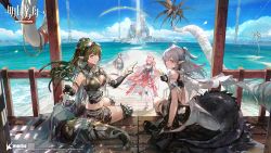 Rule 34 | 1boy, 3girls, arknights, bare shoulders, beach, bikini, black bikini, black hair, gavial (arknights), gavial the invincible (arknights), green hair, highres, lifebuoy, long hair, looking at viewer, mask, mask around neck, minimalist (arknights), multiple girls, ocean, official art, pink hair, pozyomka (arknights), sitting, standing, swim ring, swimsuit, tomimi (arknights), very long hair