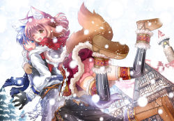 Rule 34 | animal ears, fluffy, hug, hug from behind, original, outdoors, riolabo, snowing, tail, winter clothes