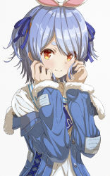 Rule 34 | 1girl, absurdres, ascot, blue hair, casual, hair ribbon, highres, hololive, hololive fantasy, jacket, jacket partially removed, orange eyes, ribbon, sailor collar, school uniform, serafuku, short eyebrows, short hair, simple background, smile, solo, time is money3120, two side up, upper body, usada pekora, usada pekora (casual), virtual youtuber, white background