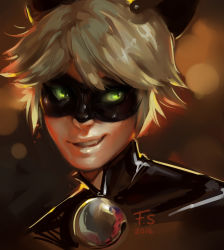Rule 34 | 10s, 1boy, 2016, adrien agreste, animal ears, bell, blonde hair, cat boy, cat ears, chat noir, collar, colored sclera, domino mask, felicia smith, green eyes, green sclera, highres, male focus, mask, miraculous ladybug, reflection, smirk, solo, source request