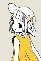 Rule 34 | 1girl, blunt bangs, commentary request, dress, flower, from behind, greyscale, hat, hat flower, highres, katsuwo (cr66g), kise saki, looking to the side, mitsuboshi colors, monochrome, parted lips, partially colored, short hair, simple background, solo, split mouth, upper body, yellow dress