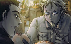 Rule 34 | 2boys, aikawa (dorohedoro), black hair, blank stare, blonde hair, burger, colored tips, couple, crowd, dorohedoro, eating, facial mark, food, food on face, formal, highres, looking at another, lotusmartus, male focus, medium sideburns, multicolored hair, multiple boys, no eyebrows, risu (dorohedoro), solo focus, thick eyebrows, upper body, yaoi