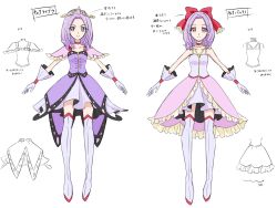 Rule 34 | 2girls, bare shoulders, boots, character sheet, commentary request, concept art, dress, earrings, eyelashes, fpminnie1, gloves, hair ornament, high heel boots, high heels, highres, jewelry, logo, looking at viewer, magical girl, medium hair, multiple girls, original, pink dress, pink eyes, pink hair, precure, purple dress, simple background, thigh boots, thighhighs, translation request, white background, white gloves