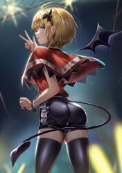 Rule 34 | 1girl, ass, black bow, black shorts, black thighhighs, blonde hair, blue eyes, blunt bangs, blurry, bow, bracelet, capelet, collared capelet, commentary, demon horns, demon tail, demon wings, depth of field, film grain, from behind, glowstick, hair bow, highres, horns, idol, idol clothes, jewelry, looking at viewer, looking back, mem-cho, moleshi, multicolored hair, nail polish, oshi no ko, red capelet, red nails, red shirt, roots (hair), shirt, short hair, shorts, sidelocks, skindentation, smile, solo, stage lights, tail, thighhighs, tight clothes, tongue, tongue out, truss, w, wings
