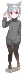 Rule 34 | 1girl, absurdres, animal ears, arm up, blush, boots, braid, brown footwear, brown pantyhose, closed mouth, commentary request, dress, full body, grey sweater, highres, long sleeves, looking at viewer, original, pantyhose, red eyes, ruffling hair, shadow, short hair, silver hair, solo, sora (silent square), standing, sweater, sweater dress, turtleneck, turtleneck sweater, white background