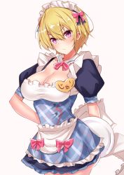 Rule 34 | 1girl, alternate breast size, apron, blonde hair, blush, bow, breasts, cleavage, commentary request, cowboy shot, dress, hair bow, hair ornament, heart, highres, idolmaster, idolmaster shiny colors, large breasts, looking at viewer, maid, maid headdress, pink bow, pink neckwear, plate, puffy short sleeves, puffy sleeves, purple eyes, saijo juri, sankakusui, short sleeves, simple background, solo, v-shaped eyebrows, white apron, white background