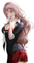 Rule 34 | 1girl, absurdres, alternate hairstyle, bad id, bad pixiv id, black shirt, blood, blue eyes, blush, bow, breasts, cleavage, collarbone, cowboy shot, danah, danganronpa: trigger happy havoc, danganronpa (series), enoshima junko, fingernails, from side, grin, hand on own face, highres, large breasts, long hair, long sleeves, looking at viewer, medium breasts, miniskirt, nail polish, pink blood, pink nails, plaid, plaid skirt, pleated skirt, red bow, red nails, red skirt, school uniform, sharp fingernails, shiny clothes, shirt, simple background, skirt, smile, solo, sweatdrop, white background