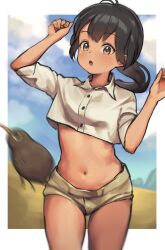 Rule 34 | 1girl, :o, absurdres, animal, antenna hair, arm up, bird, black hair, blue sky, blush, border, brown eyes, brown shorts, buttons, cloud, commentary, cowboy shot, crop top, day, dress shirt, driftingtiger, english commentary, hand up, highres, kiwi (bird), looking at viewer, low ponytail, luminous witches, manaia matawhaura hato, midriff, motion blur, navel, open mouth, outside border, photo-referenced, ponytail, shirt, short shorts, short sleeves, shorts, sidelocks, sky, stomach, thighs, white border, white shirt, world witches series